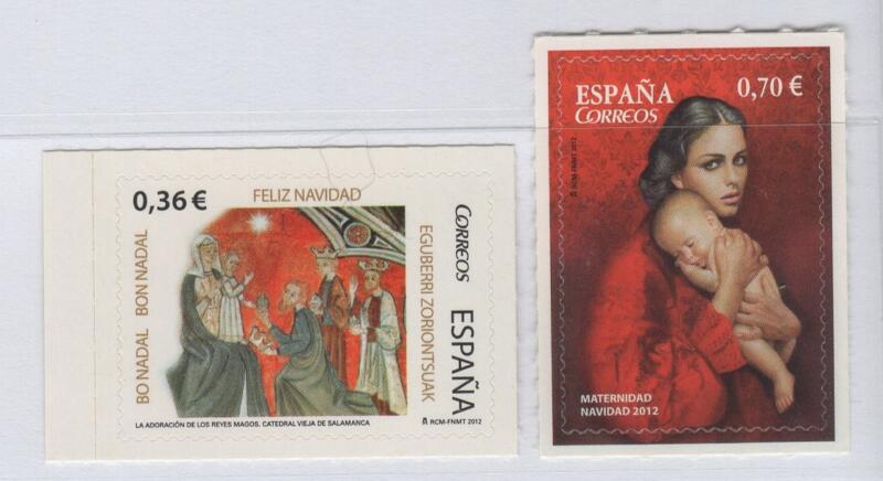 Francobolli Spagna Anno 2012 Natale Arte Affresco Cappella di S. Martino Salamanca e Dipinto di E. Jiménez Carrero Autoadesivi (cat. n. 4470-4471)