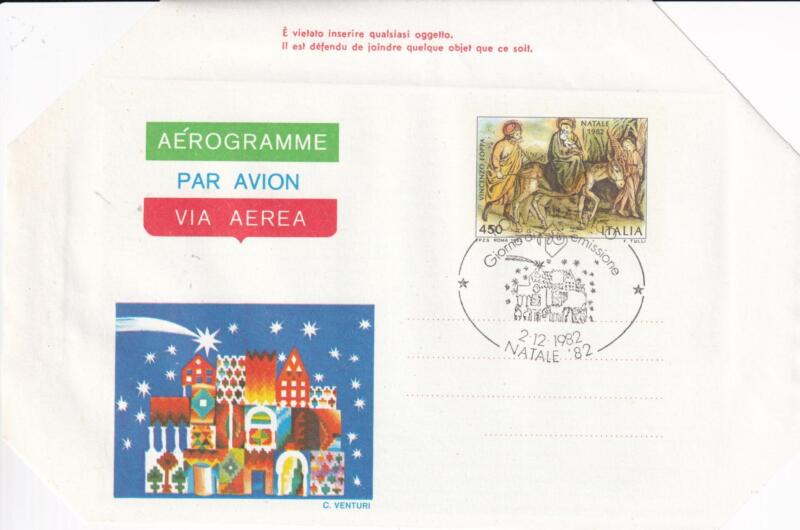 Aerogramma Italia Repubblica ANNULLO PRIMO GIORNO DI EMISSIONE (FDC) ROMA 02/12/1982 Natale 82 Francobollo Fuga in Egitto di Vincenzo Foppa Lire 450 policromo (A 18)