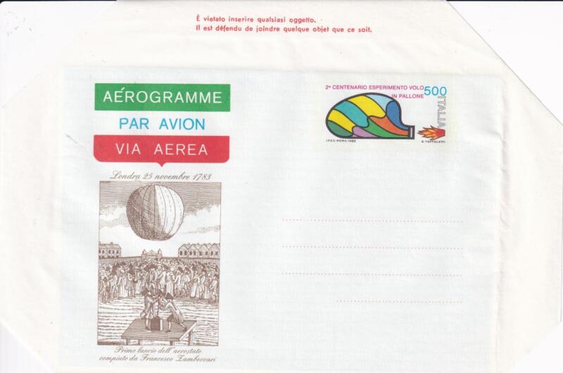 Aerogramma Italia Repubblica NUOVO 21/05/1983 Volo in pallone Secondo centenario dell'esperimento di F. Zambeccari Francobollo Pallone mentre viene sgonfiato Lire 500 policromo (A 19)