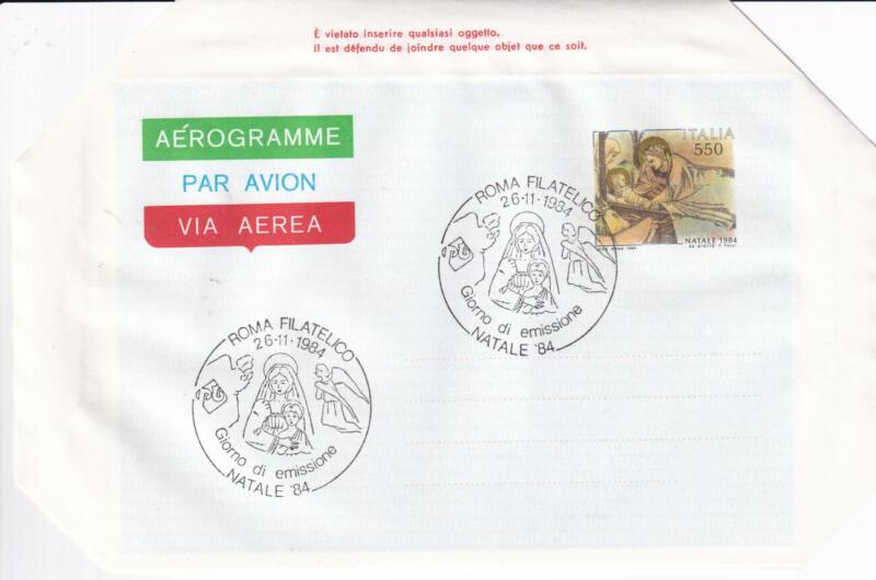 Aerogramma Italia Repubblica ANNULLO PRIMO GIORNO DI EMISSIONE (FDC) P 26/11/1984 Natale 84 Francobollo Natività di Giotto Lire 650 policromo (A 22)