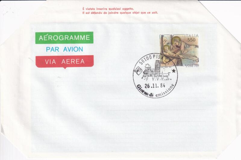 Aerogramma Italia Repubblica ANNULLO PRIMO GIORNO DI EMISSIONE (FDC) PISA 26/11/1984 Natale 84 Francobollo Natività di Giotto Lire 650 policromo (A 22)