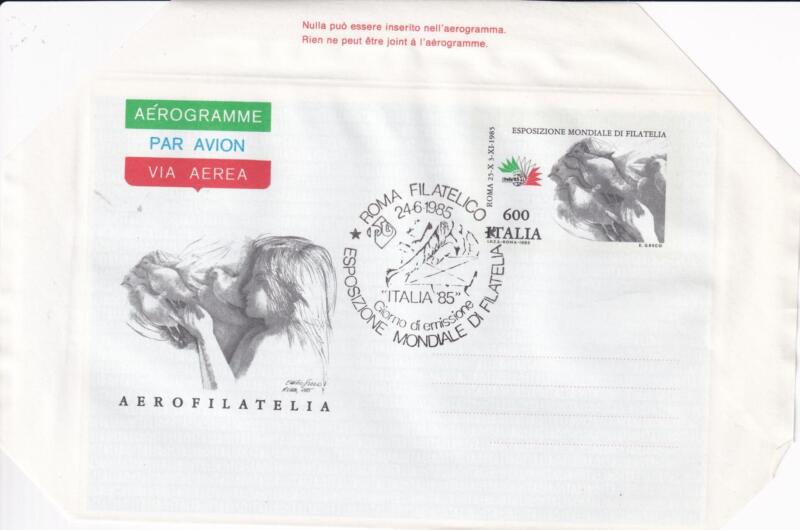 Aerogramma Italia Repubblica Annullo PRIMO GIORNO DI EMISSIONE (FDC) Roma 24/06/1985 Italia 85 Esposizione mondiale di filatelia Francobollo Fanciulla con colombe Lire 600 policromo (A 23)