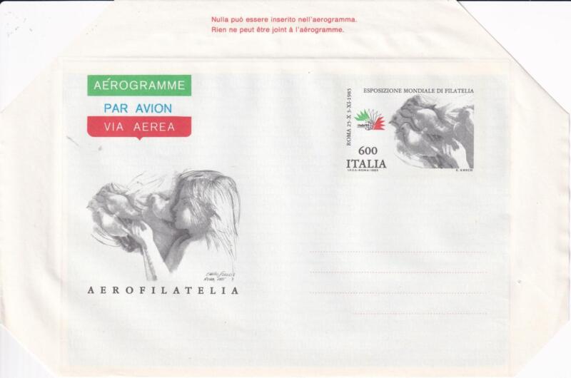 Aerogramma Italia Repubblica NUOVO 24/06/1985 Italia 85 Esposizione mondiale di filatelia Francobollo Fanciulla con colombe Lire 600 policromo (A 23)