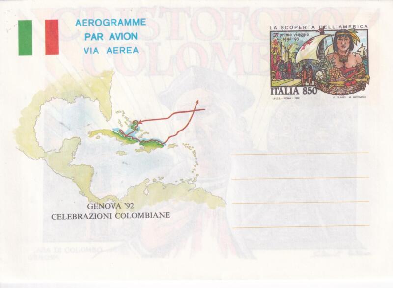Aerogramma Italia Repubblica NUOVO 19/09/1992 Genova 92 Celebrazioni colombiane Francobollo Colombo a Barcellona Lire 850 policromo (A 27)