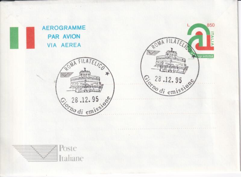 Aerogramma Italia Repubblica PRIMO GIORNO DI EMISSIONE (FDC) Annullo Roma 28/12/1995 E.P.E. Francobollo Tricolore tipo A 15 Lire 850 policromo (A 28)