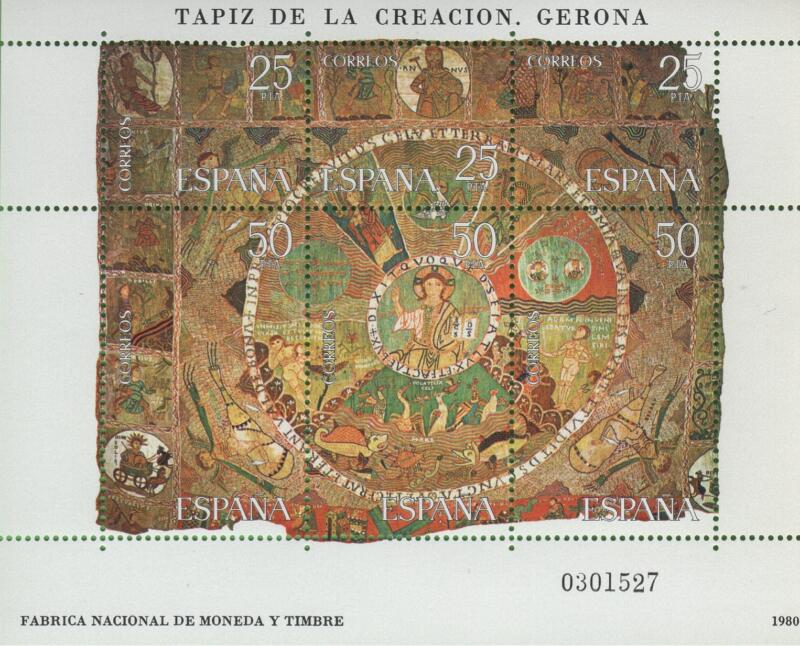 Foglietto Spagna Anno 1980 BARNAFIL 80 Esposizione filatelica La Creazione arazzo conservato nella cattedrale di Gerona (BF 28)