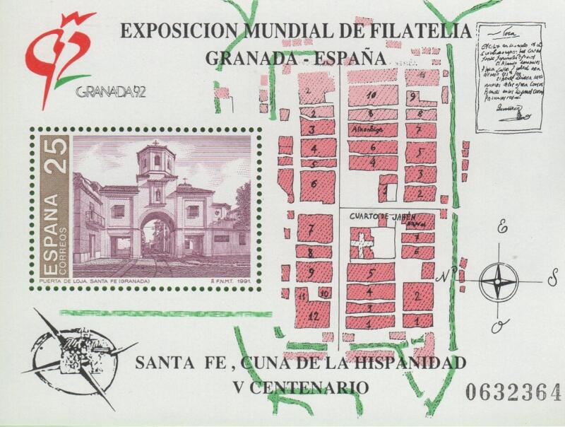 Foglietto Spagna Anno 1991 GRANADA 92 Esposizione mondiale di filatelia Quinto centenario della Fondazione Santa Fe (BF 45)
