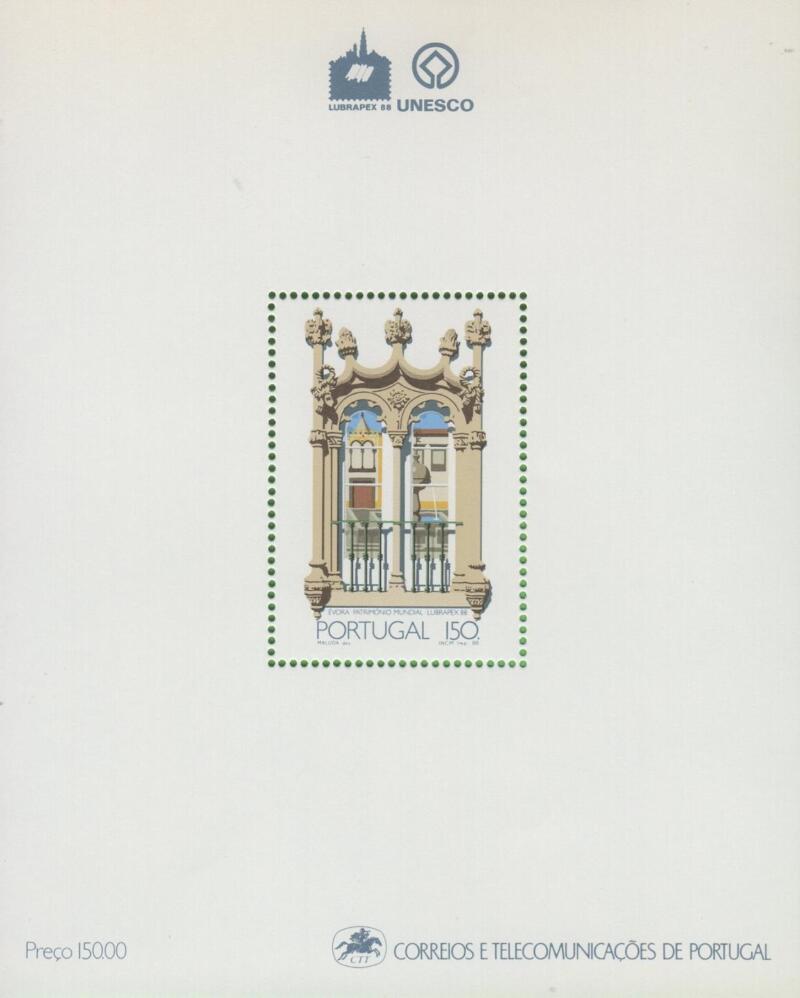 Foglietto Portogallo Anno 1988 LUBRAPEX 88 UNESCO patrimonio mondiale Evora (BF 59)