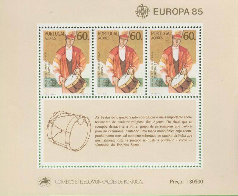 Foglietto Azzorre Anno 1985 Europa Anno europeo della musica Strumento musicale (BF 6)