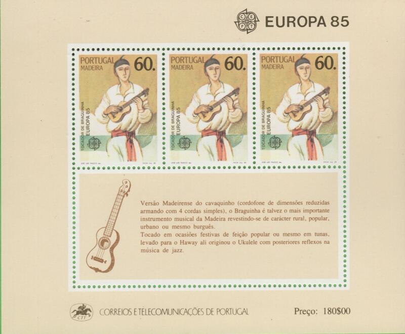 Foglietto Madera Anno 1985 Europa Anno europeo della musica Strumento musicale (BF 6)