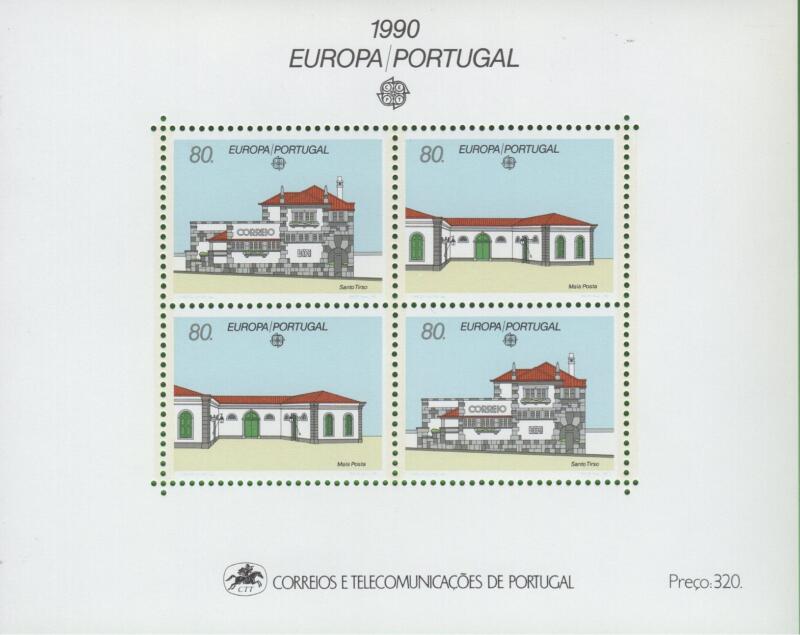 Foglietto Portogallo Anno 1990 Europa Edifici postali di ieri e di oggi (BF 72)