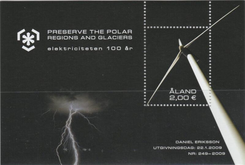 Foglietto Aland Anno 2009 Protezione delle Regioni polari e dei ghiacciai Centenario dell’elettricità ad Aland