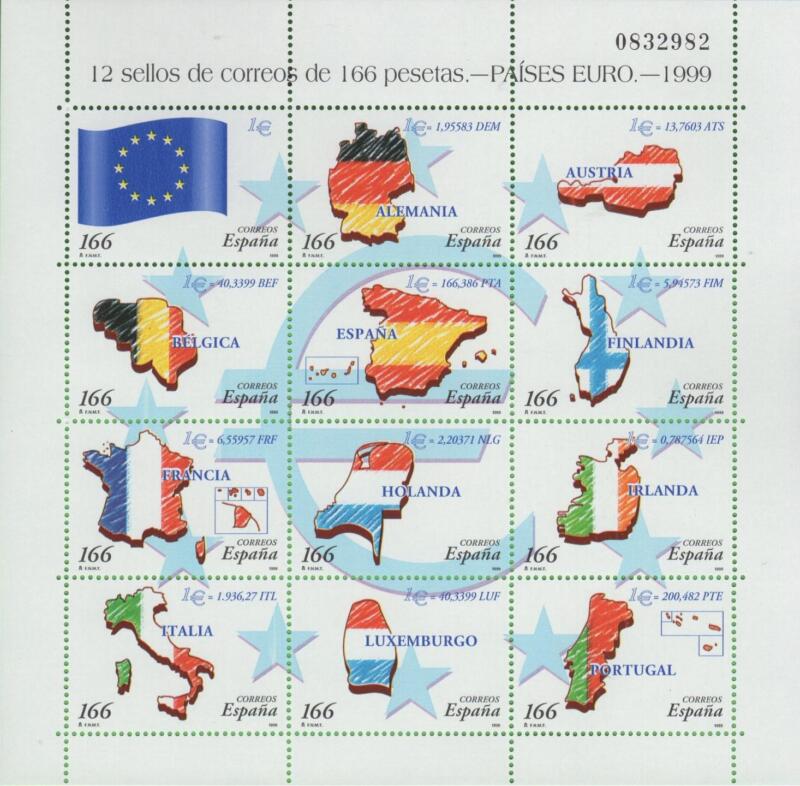 Foglietto Spagna Anno 1999 Introduzione dell’Euro I Paesi dell’Euro (BF 85)