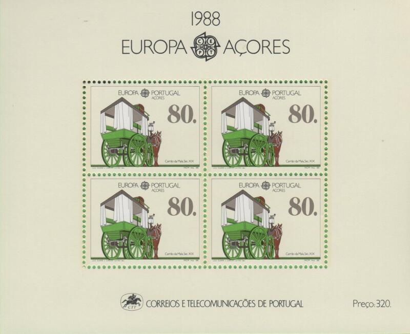 Foglietto Azzorre Anno 1988 Europa Mezzi di trasporto e comunicazione Carro postale (BF 9)