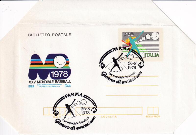 Biglietto Postale Italia Repubblica PRIMO GIORNO DI EMISSIONE (FDC) Annullo Parma 26/08/1978 Baseball 25esimo Mondiale Francobollo Giocatore stilizzato Lire 120 policromo (B 50)