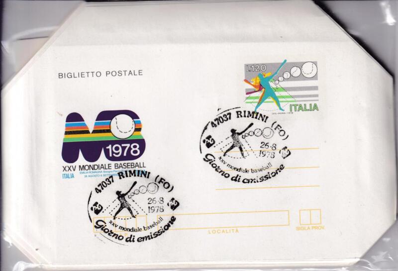 Biglietto Postale Italia Repubblica PRIMO GIORNO DI EMISSIONE (FDC) Annullo Rimini 26/08/1978 Baseball 25esimo Mondiale Francobollo Giocatore stilizzato Lire 120 policromo (B 50)