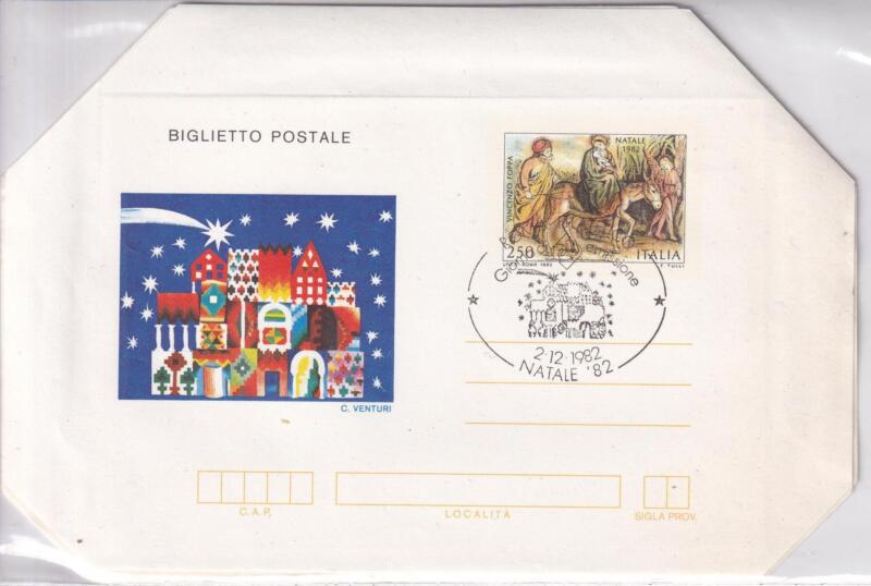 Biglietto Postale Italia Repubblica PRIMO GIORNO DI EMISSIONE (FDC) Annullo Roma Filatelico 02/12/1982 Natale 82 Francobollo Fuga in Egitto di Vincenzo Foppa Lire 250 policromo (B 55)