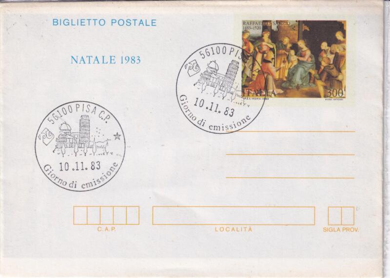 Biglietto Postale Italia Repubblica PRIMO GIORNO DI EMISSIONE (FDC) Annullo di Pisa 10/11/1983 Natale 83 Francobollo Adorazione dei Magi di Raffaello Sanzio Lire 300 policromo (B 57)