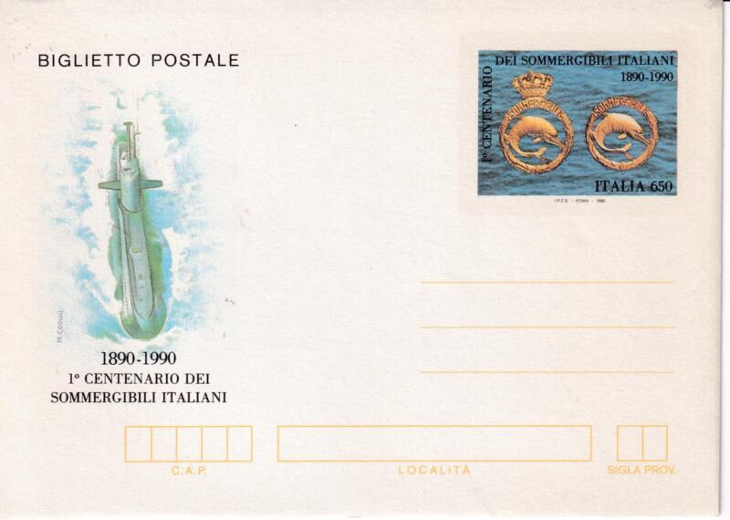 Biglietto Postale Italia Repubblica NUOVO 15/05/1990 Sommergibili italiani Primo centenario Francobollo Distintivi d'onore Lire 650 (B 61)