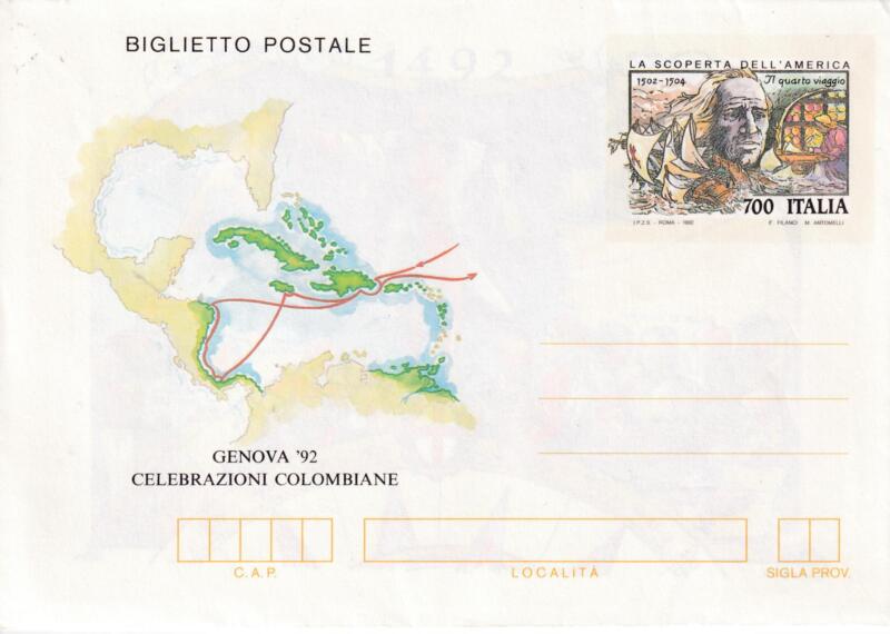 Biglietto Postale Italia Repubblica NUOVO 23/09/1992 Genova 92 Celebrazioni colombiane Francobollo Naufragio in Giamaica Lire 700 (B 62)