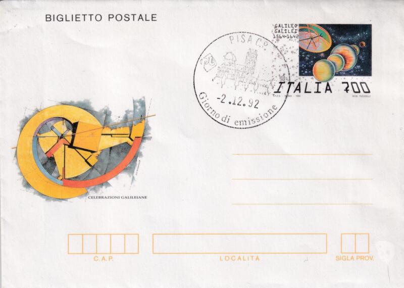 Biglietto Postale Italia Repubblica PRIMO GIORNO DI EMISSIONE (FDC) Annullo di Pisa 02/12/1992 Galileo Galilei 1564-1642 Francobollo 4 satelliti di Giove detti Galileiani Lire 700 (B 63)