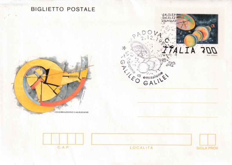 Biglietto Postale Italia Repubblica PRIMO GIORNO DI EMISSIONE (FDC) 02/12/1992 Galileo Galilei 1564-1642 Francobollo 4 satelliti di Giove detti Galileiani Lire 700 (B 63)