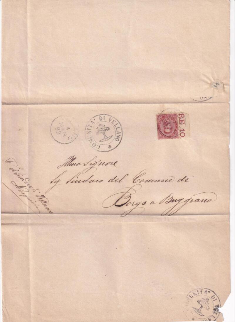 Storia postale Circolare da Comunità di Vellano 04/03/1893 a Borgo a Buggiano