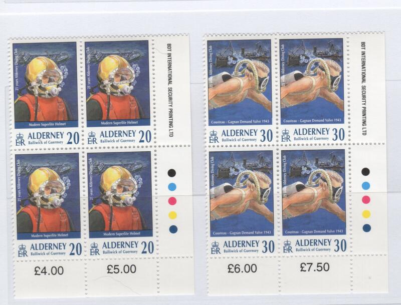 Francobolli Alderney Anno 1998 Quartine d'angolo Passatempi ad Alderney Seconda serie L’esplorazione sottomarina nelle varie epoche 21esimo anniversario del Diving Club