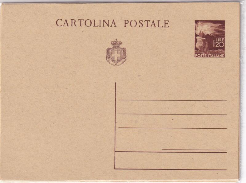 Cartolina postale Italia Repubblica NUOVA 01/10/1945 DEMOCRATICA con stemma sabaudo Lire 1,20 bruno (cat. n. 127A)
