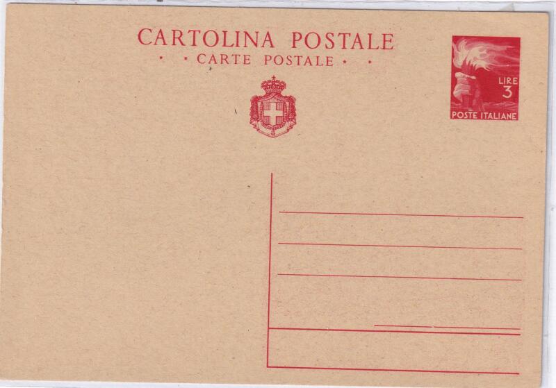Cartolina postale Italia Repubblica NUOVA 01/10/1945 DEMOCRATICA con stemma sabaudo Lire 3,00  rosso 'per estero' (cat. n. 128A)
