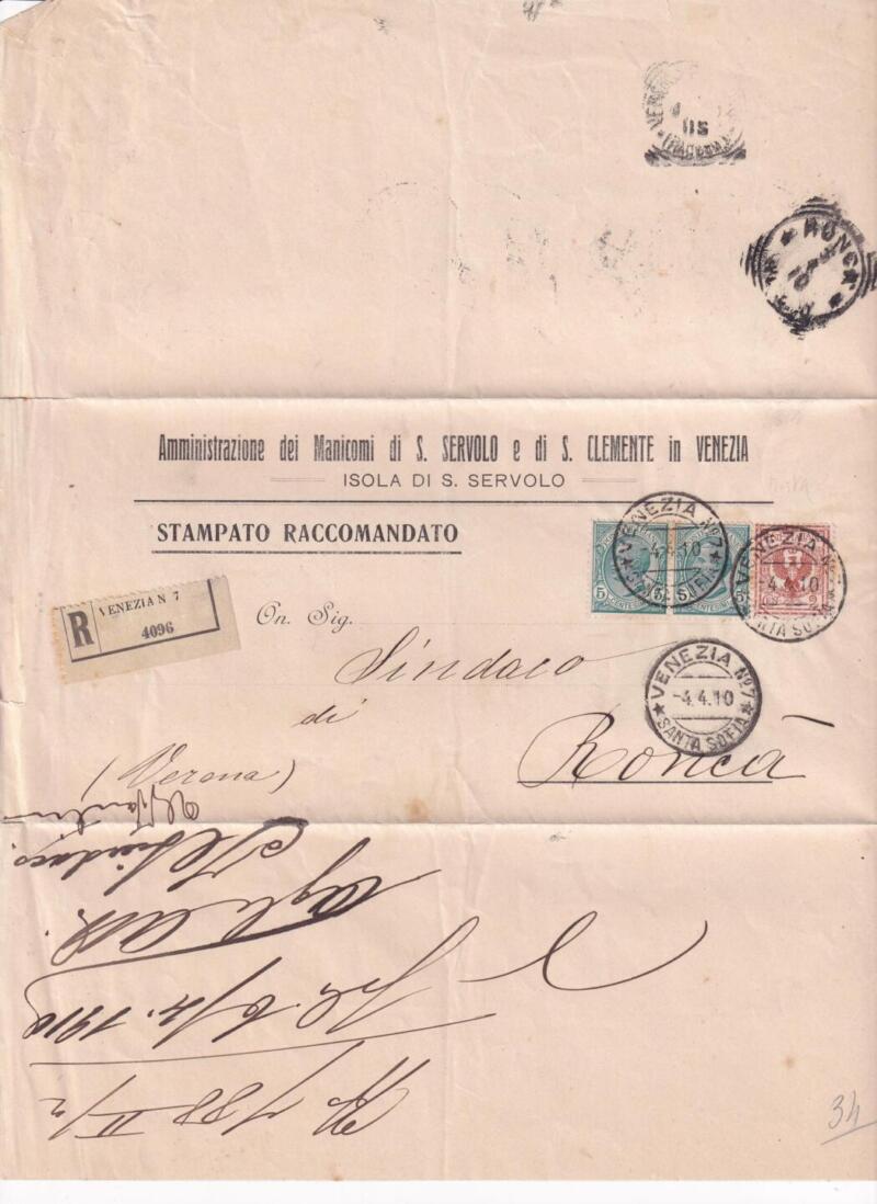 Storia postale Circolare da Venezia 7 R 4096 del 04/04/1910 a Roncà 05/04/1910