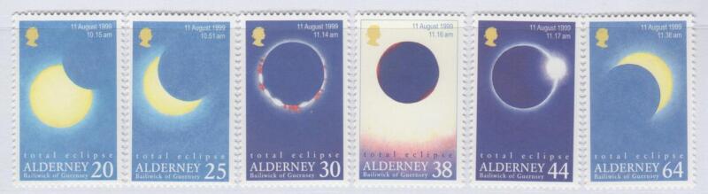 Francobolli Alderney Anno 1999 Eclissi totale di sole 11 agosto 1999 Varie fasi dell’eclissi