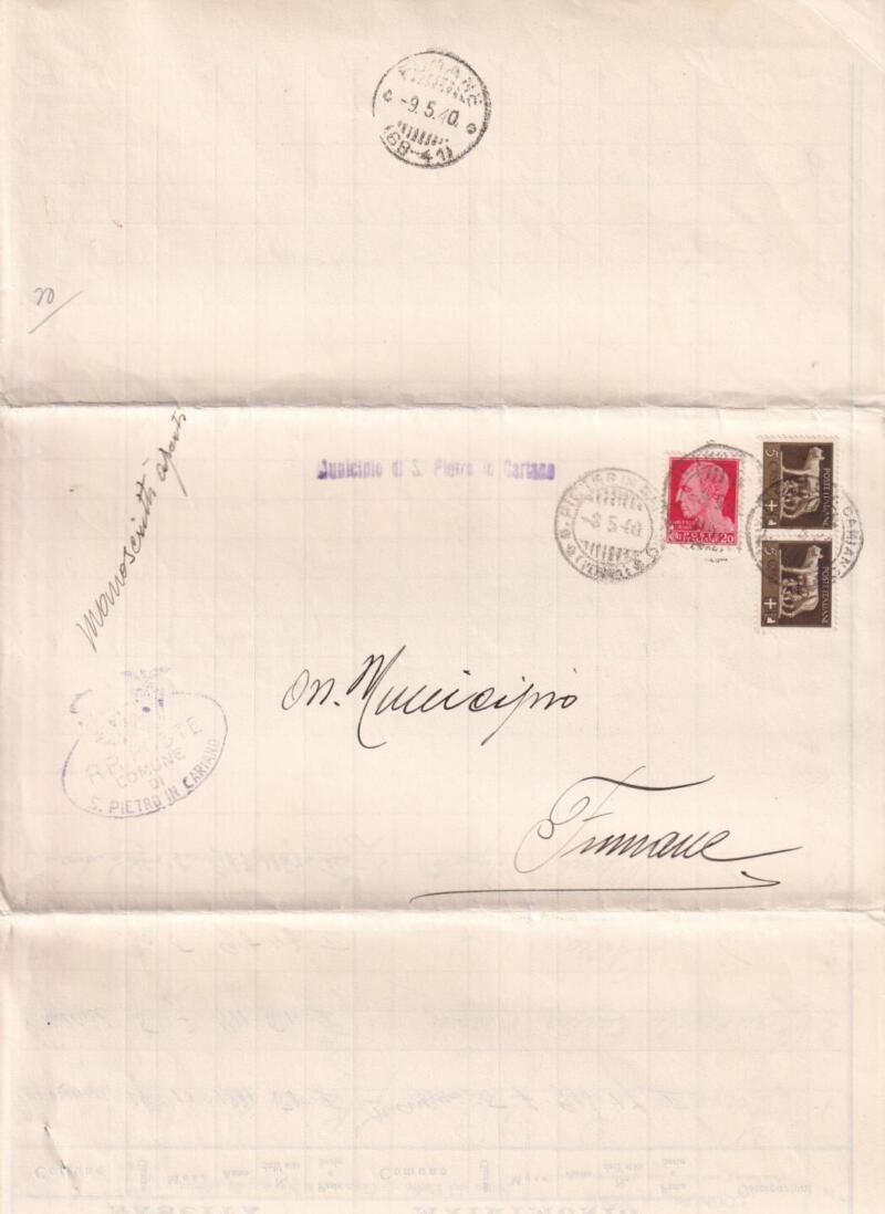 Storia postale Circolare da Comune di S. Pietro in Cariano 08/05/1940 a Municipio di Fumane