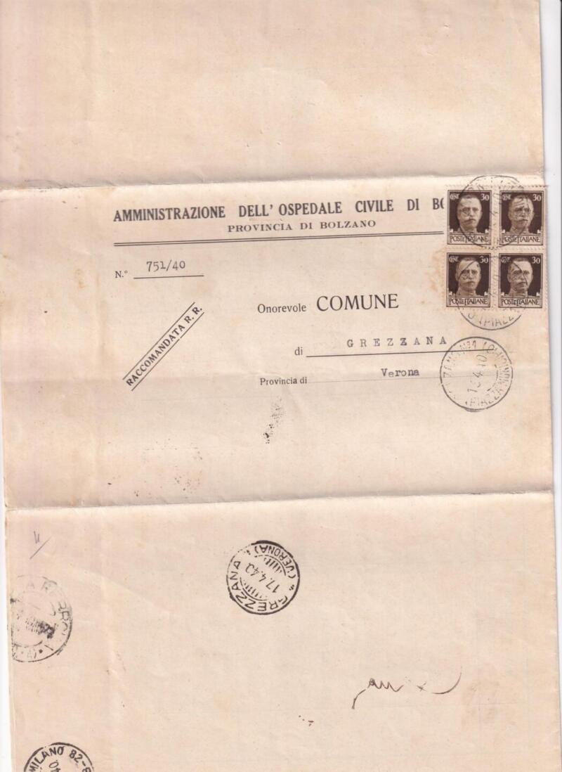 Storia postale Circolare da Ospedale Bolzano 15/04/1940 a Comune di Grezzana (Verona)