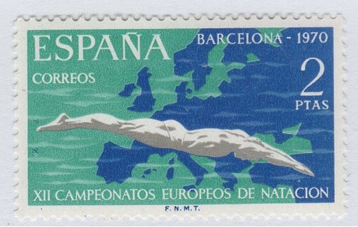 Francobollo Spagna Anno 1970 12esimo Campionato europeo di nuoto di Barcellona