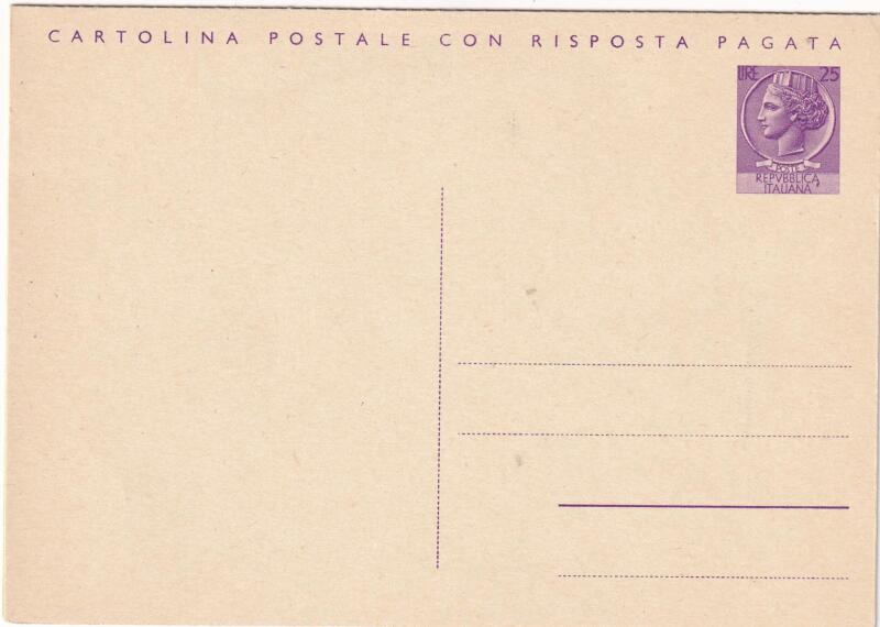 Cartolina postale Italia Repubblica NUOVA 26/11/1959 SIRACUSANA Lire 25 viola con risposta pagata (cat. n. 165)
