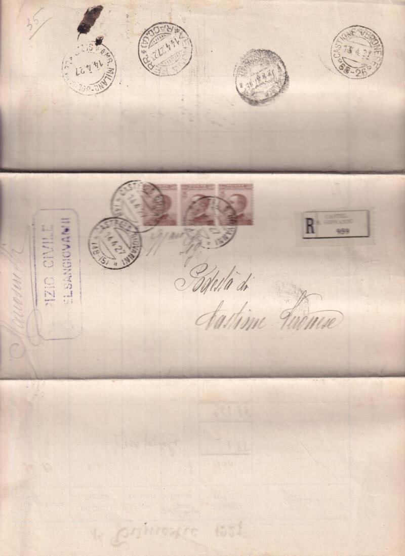 Storia postale Circolare da Ospedale Civile Castel San Giovanni (Piacenza) R. 959 del 12-14/04/1927 al Podestà di Bastione Veronese