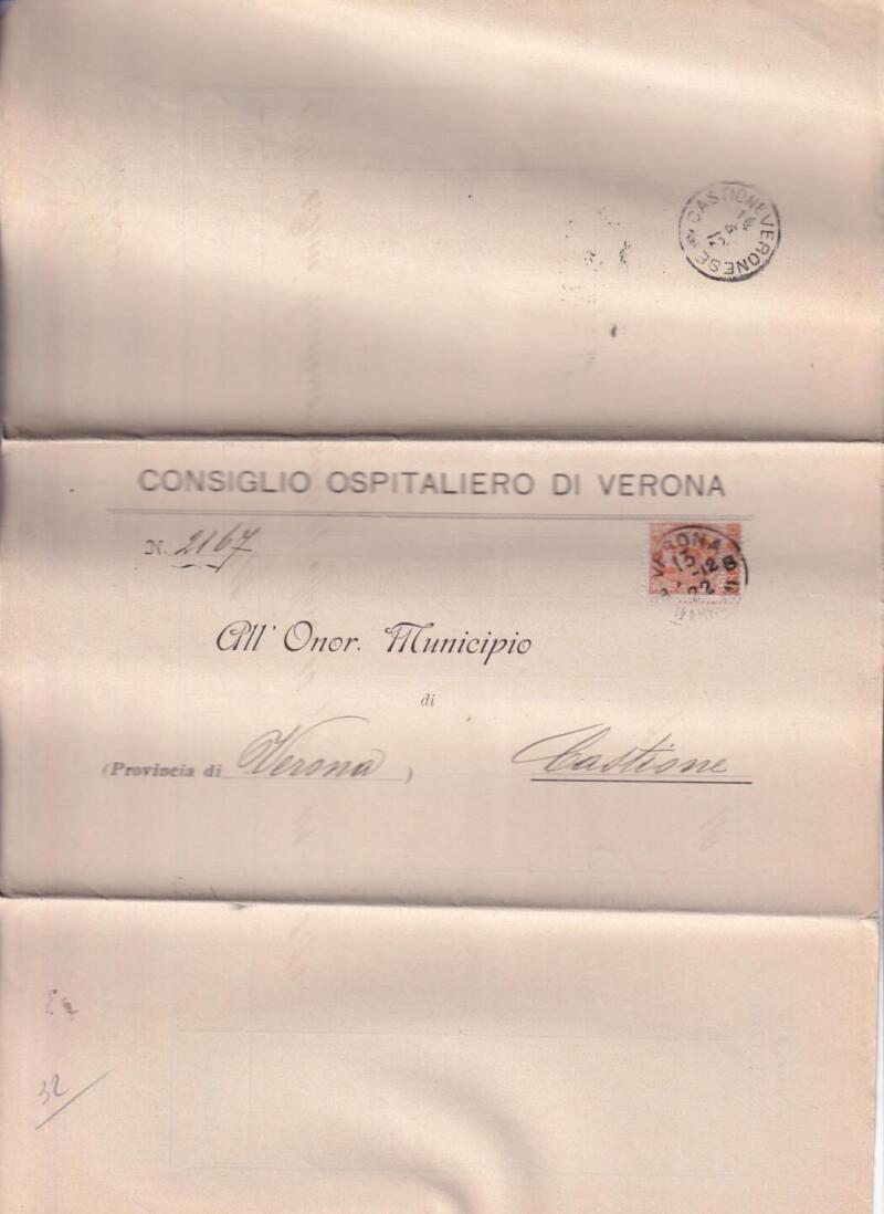 Storia postale Circolare da Consiglio Ospitaliero di Verona n. 2167 del 15/04/1912 a Castione (Verona)