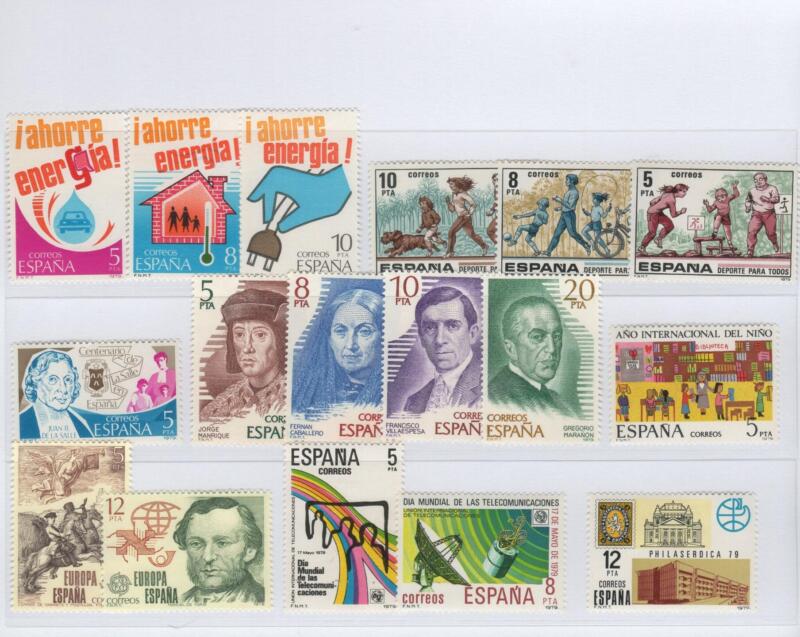 Francobolli Spagna Anno 1979 Varie emissioni (cat. n. 2154-2156, cat. n. 2157, cat. n. 2158-2161, cat. n. 2162-2164, cat. n. 2165, cat. n. 2166-2167, cat. n. 2168-2169, cat. n. 2170)