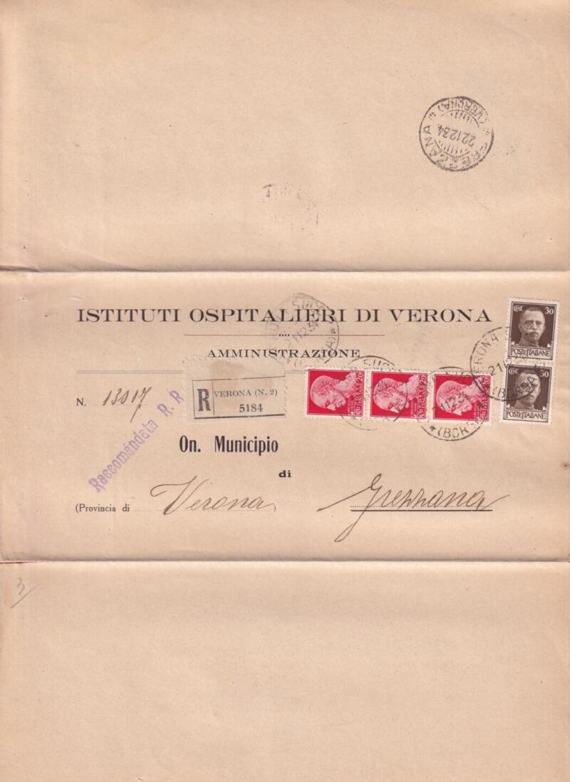 Storia postale  Circolare da Amministrazione Istituti Ospitalieri di Verona R Verona n. 2 5184 del 21/12/1934 al Municipio di Grezzana (Verona)
