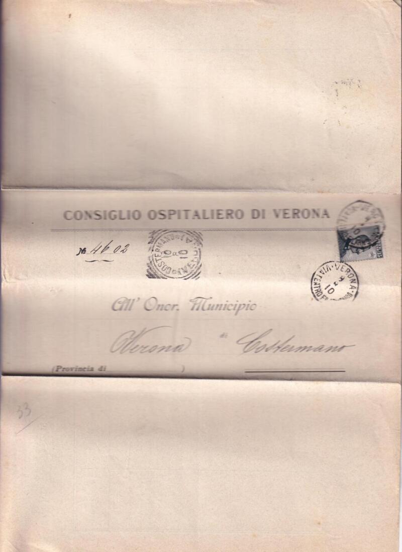 Storia postale  Circolare da Consiglio Ospitaliero di Verona 09/08/1910 a Municipio di Costermano (Verona) 10/08/1910