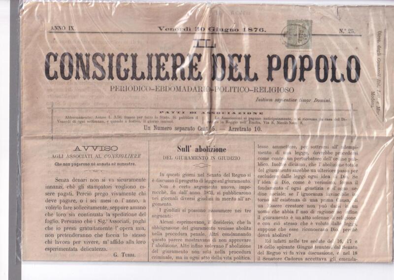Storia postale  Copia del Giornale CONSIGLIERE DEL POPOLO