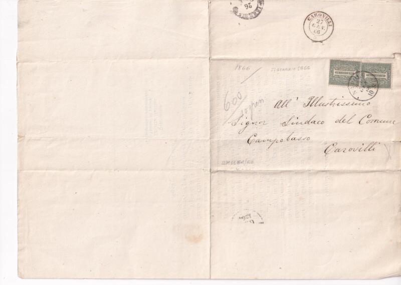 Storia postale  Circolare al Sindaco di Carovilli (Campobasso) 27/01/1866 per la presentazione e la promozione di REPERTORIO AMMINISTRATIVO