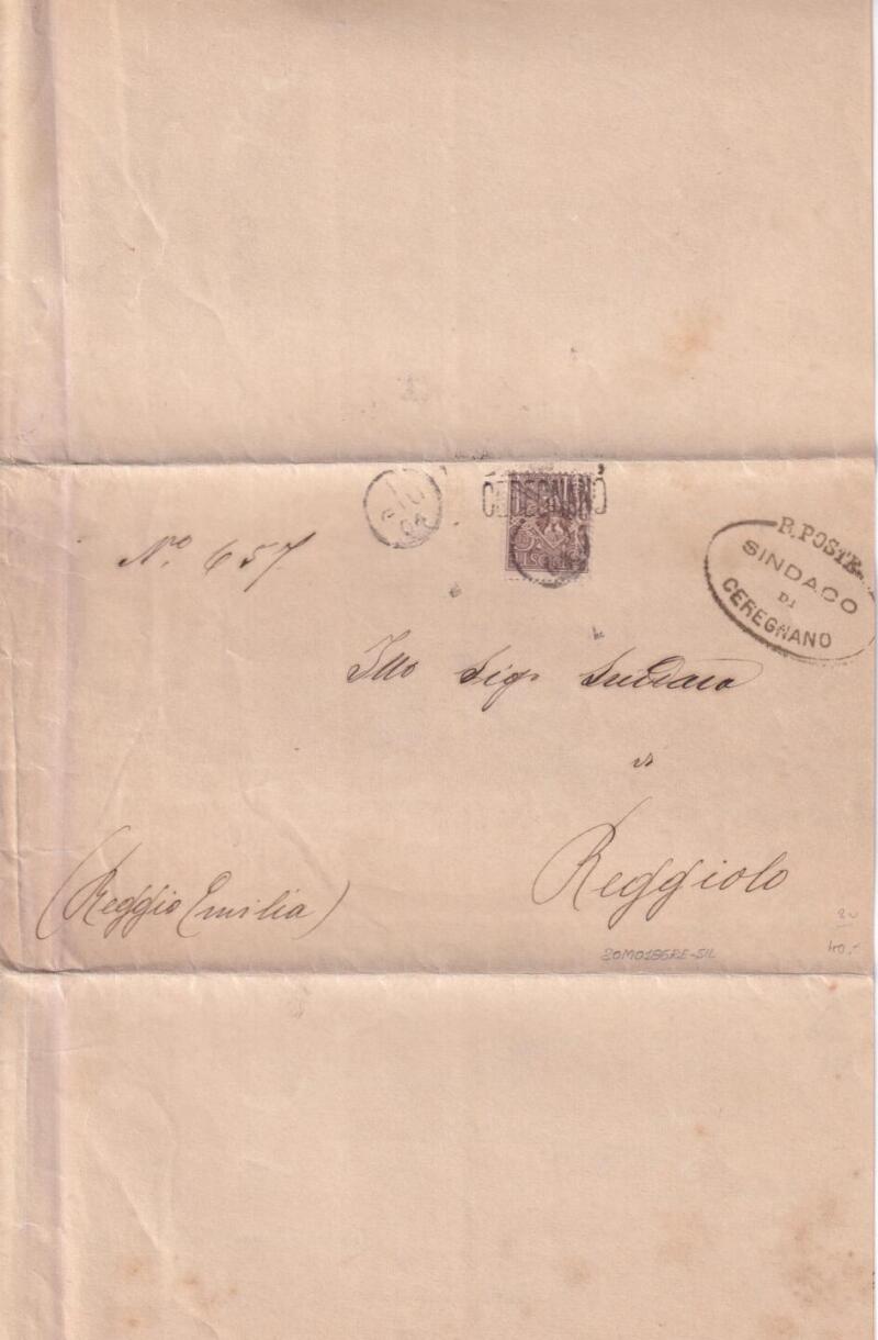 Storia postale  Circolare dal Sindaco di Ceregnano 01/06/1904 (1 GIU 04) a Reggiolo (Regio Emilia) ANNULLO MUTO