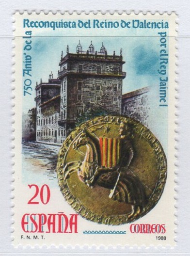 Francobollo Spagna Anno 1988 750esimo anniversario della riconquista del regno di Valencia da parte del re Giacomo I d’Aragona (cat. n. 2583)