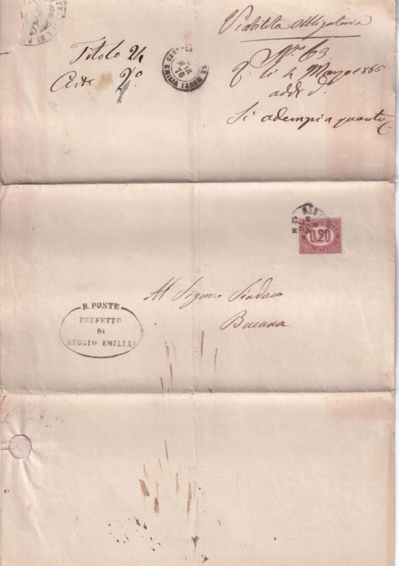 Storia postale  Circolare da Prefettura Reggio Emilia 29/02/1876 al Sindaco di Busana --/03/1876 Annullo Muto data piccolo Ovale