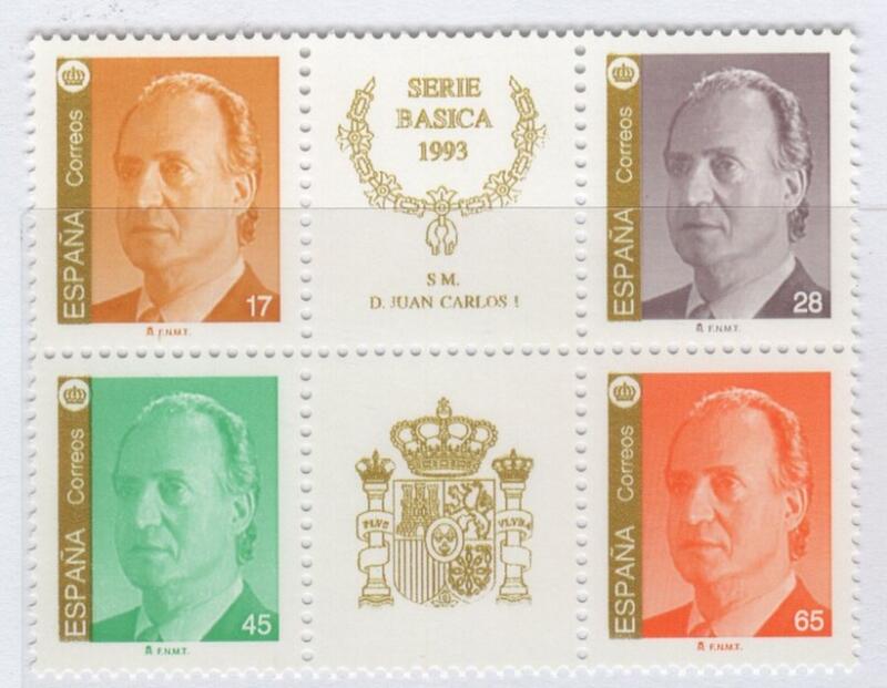 Francobolli Spagna Anno 1993 Effigie del Re Juan Carlos Stampati in blocco di 4 + 2 (cat. n. 2851-2854)