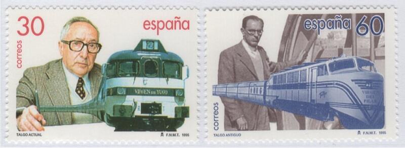 Francobolli Spagna Anno 1995 Treni Talgo Centenario della nascita del progettatore Goicoechea (cat. n. 2941-2942)