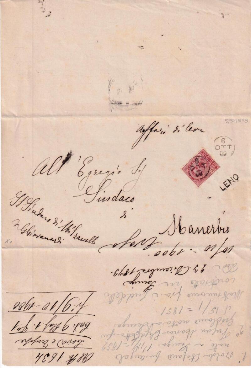 Storia postale  Circolare da Municipio di Milzanello Annullo Muto 08/10/1900 al Sindaco di Manerbio