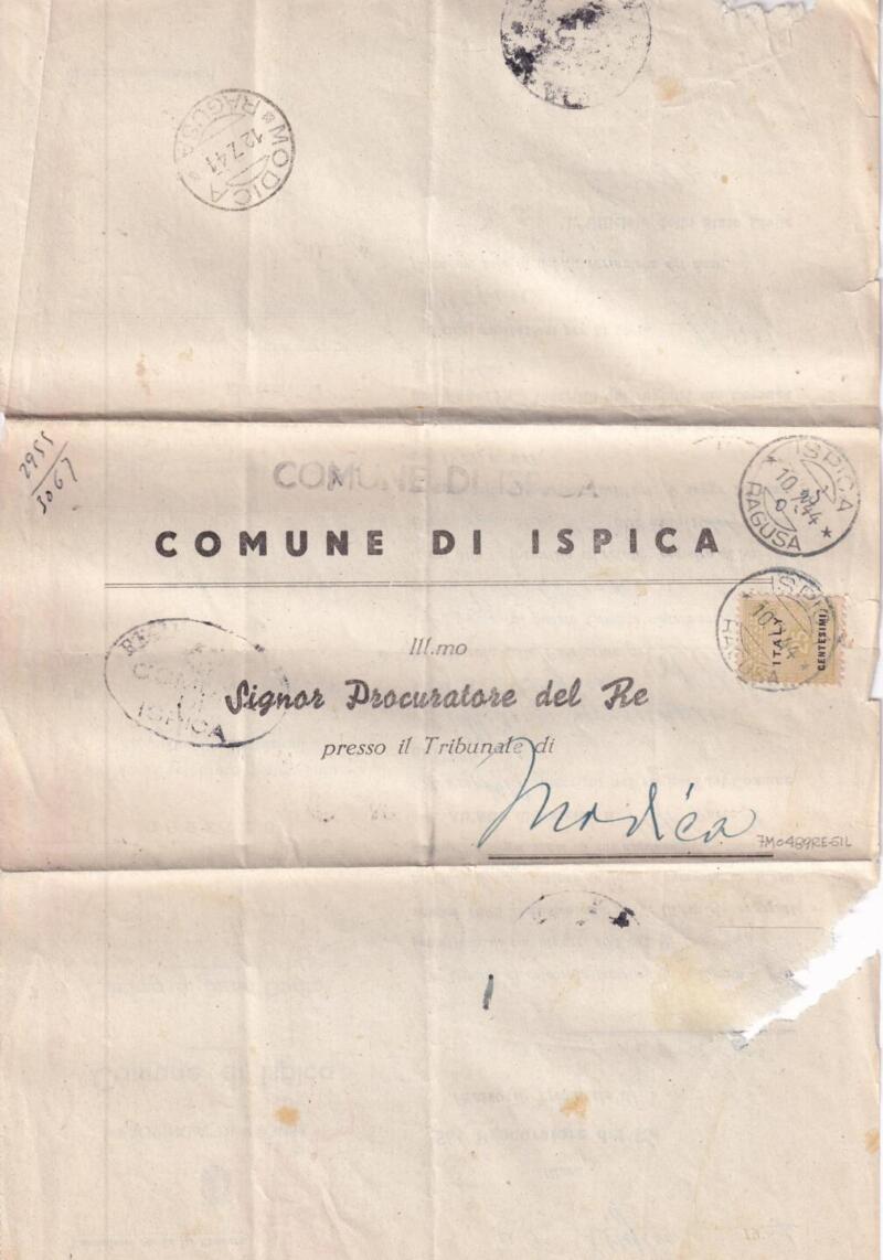 Storia postale  Circolare dal Comune di Ispica (Ragusa) 10/07/1944 al Procuratore del Re presso il Tribunale di Modica